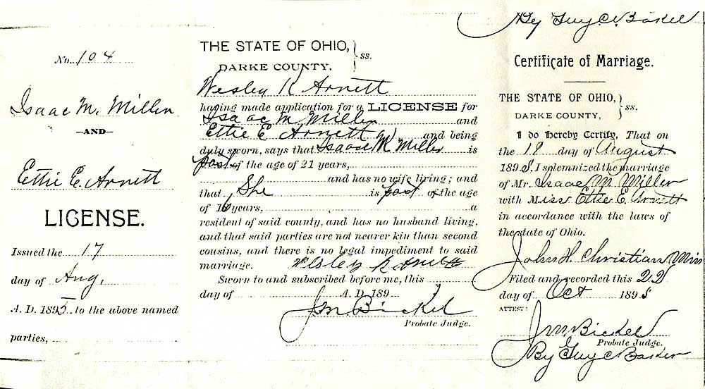Marriage Certificate of H8 Isaac Martin Miller and Ettie Everetta Arnett
